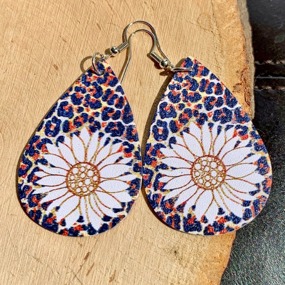 Faux Leather Floral Tear Drop Shaped Daisy Drop Earrings